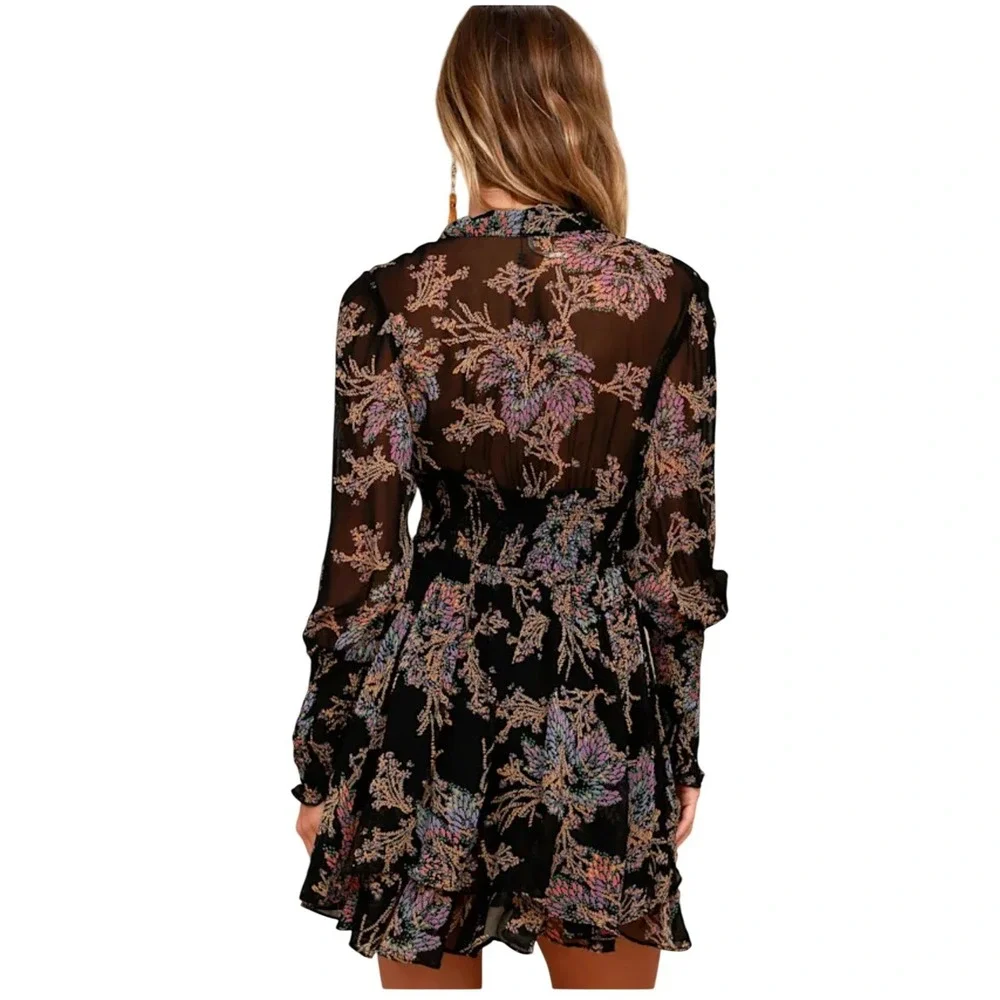 Free People Fake Pretend Black Floral Print Long Sleeve Mini Dress Smocked Waist